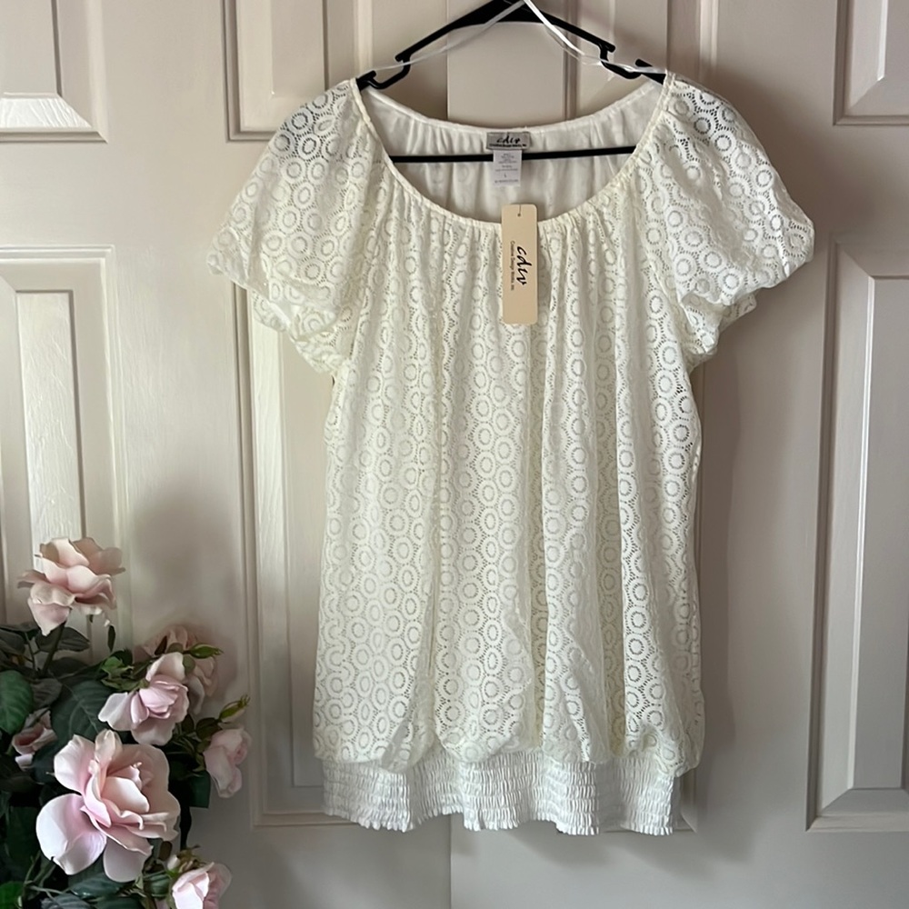 CDW Women’s Size L Circle Lace Short-sleeve Top Ivory